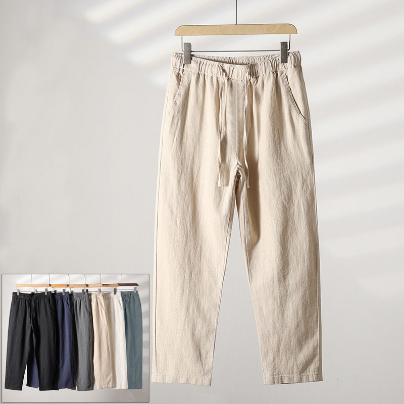Mens Casual Cotton Linen Trousers Straight Loose Fit Pants