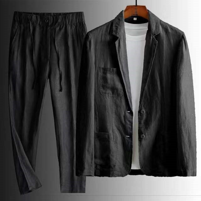 Men Casual Cotton Linen Suit Two Piece Set