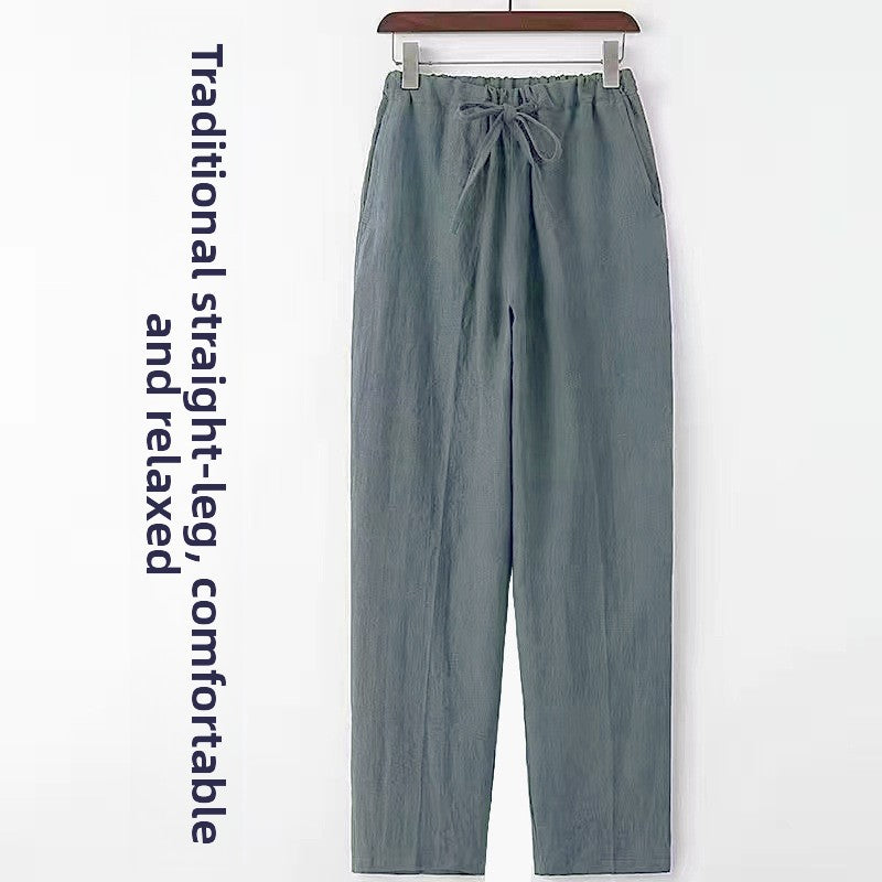 Mens Casual Cotton Linen Trousers Straight Loose Fit Pants