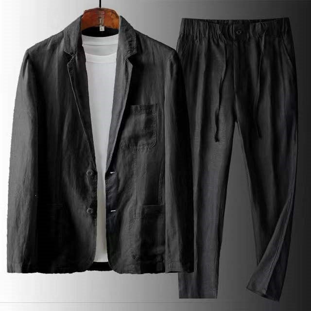 Men Casual Cotton Linen Suit Two Piece Set
