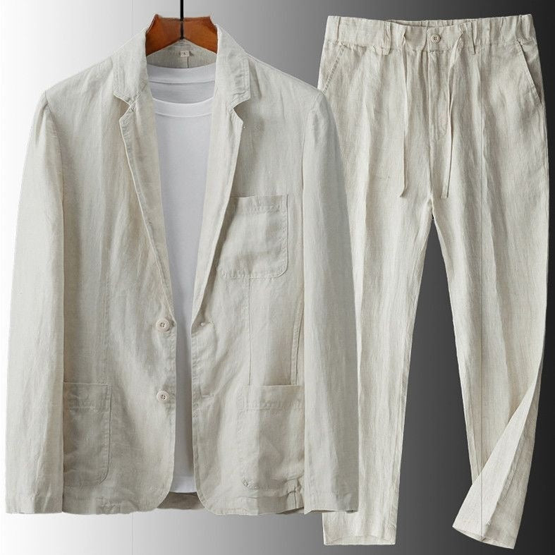 Men Casual Cotton Linen Suit Two Piece Set