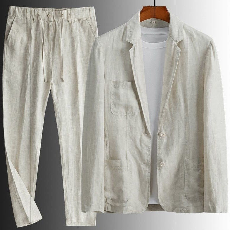 Men Casual Cotton Linen Suit Two Piece Set