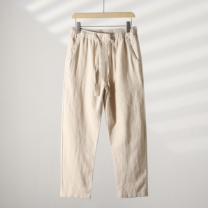 Mens Casual Cotton Linen Trousers Straight Loose Fit Pants