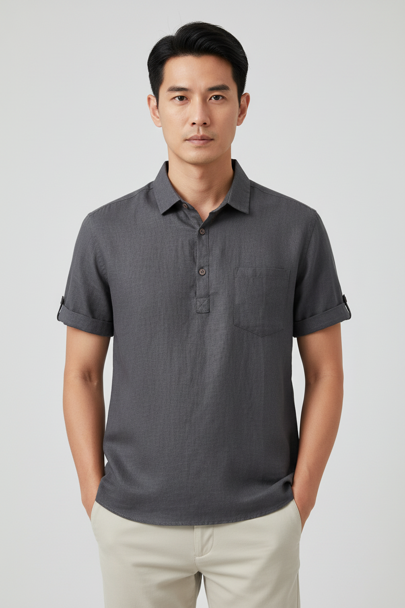 Charcoal Grey Linen Polo - Model