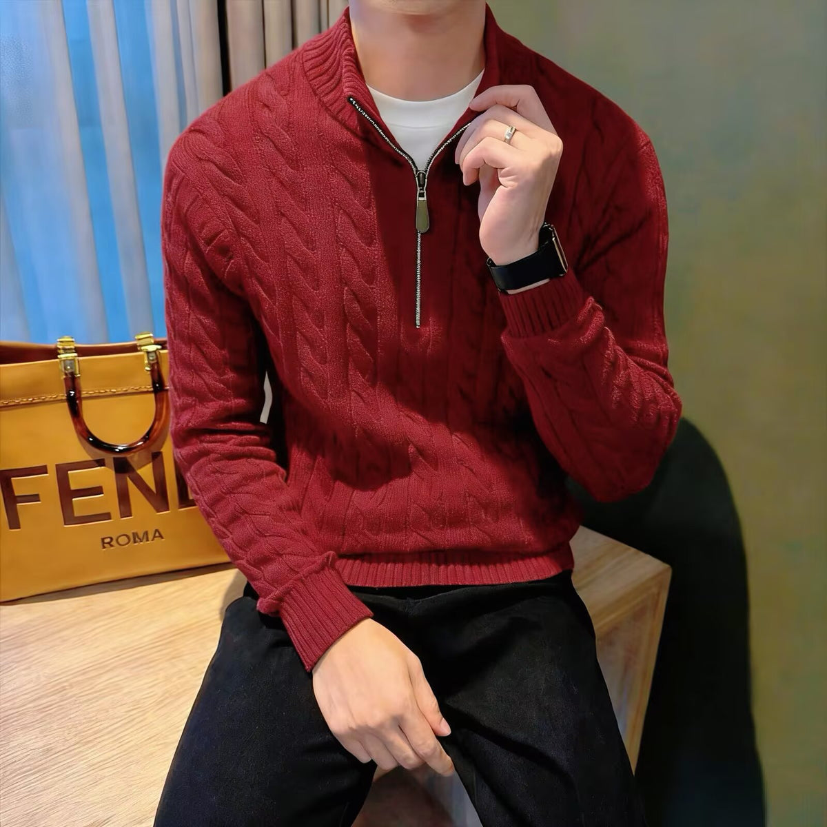 Mens Cable Knit Half-Zip Sweater
