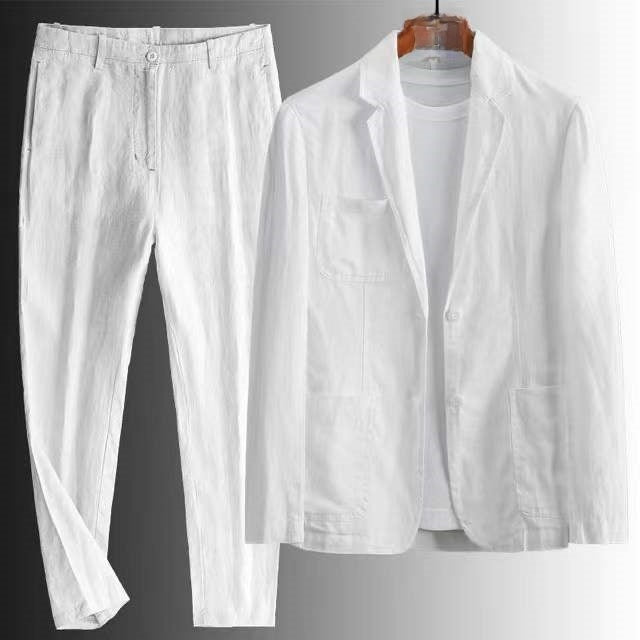 Men Casual Cotton Linen Suit Two Piece Set