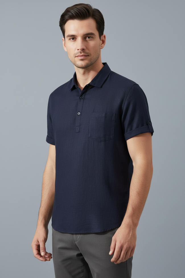 Navy Blue Linen Polo - Model